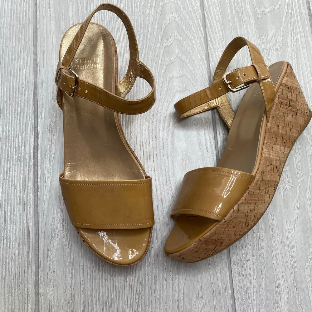 Stuart Weitzman Tan Patent Leather Strappy Cork Wedge Sandals Size 10